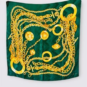 CELINE PARIS Vintage CELINE Paris Emerald Green Gold Chain Silk Scarf 34”